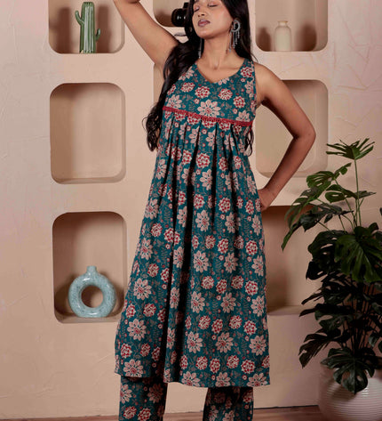 Teal Blue Cotton Kurta Pant Set For Women