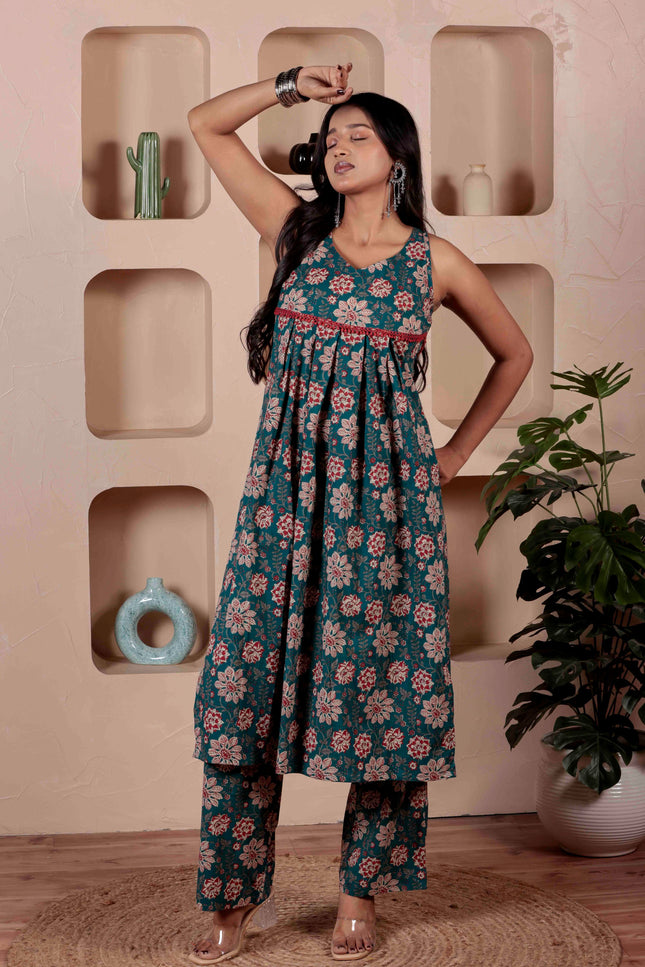 Teal Blue Cotton Kurta Pant Set For Women