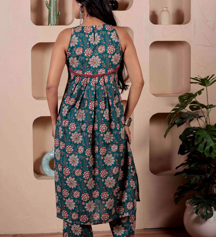 Teal Blue Cotton Kurta Pant Set For Women