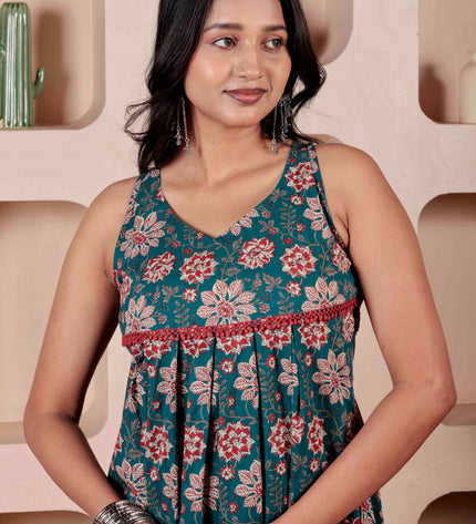 Teal Blue Cotton Kurta Pant Set For Women
