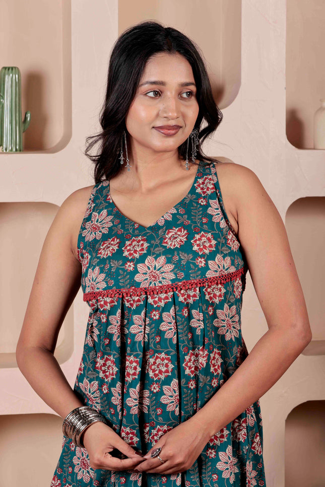 Teal Blue Cotton Kurta Pant Set For Women