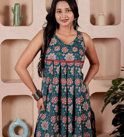 Teal Blue Cotton Kurta Pant Set For Women