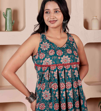 Teal Blue Cotton Kurta Pant Set For Women