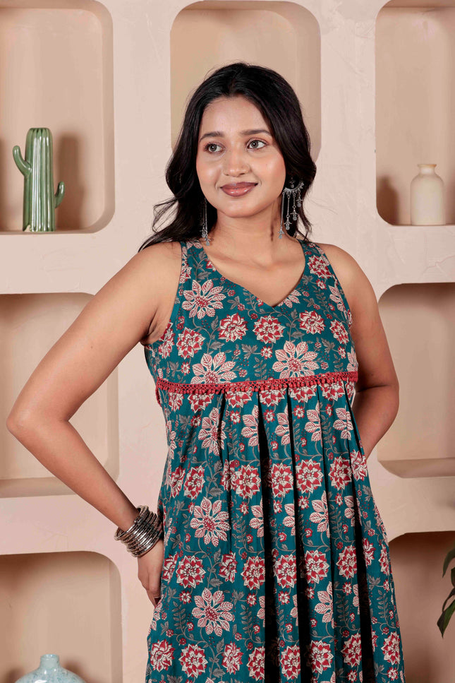 Teal Blue Cotton Kurta Pant Set For Women