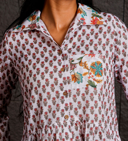 White Floral Printed Peplum Shirt with Contrast Collar