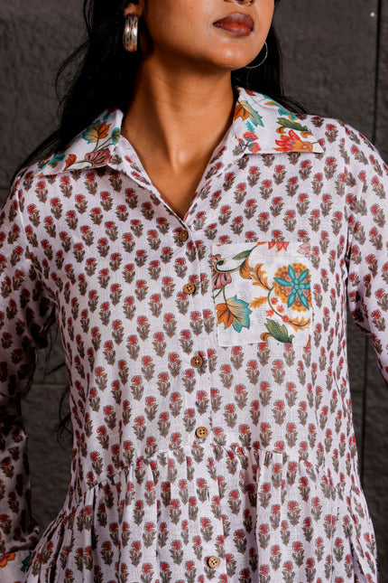 White Floral Printed Peplum Shirt with Contrast Collar