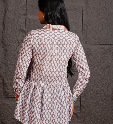 White Floral Printed Peplum Shirt with Contrast Collar