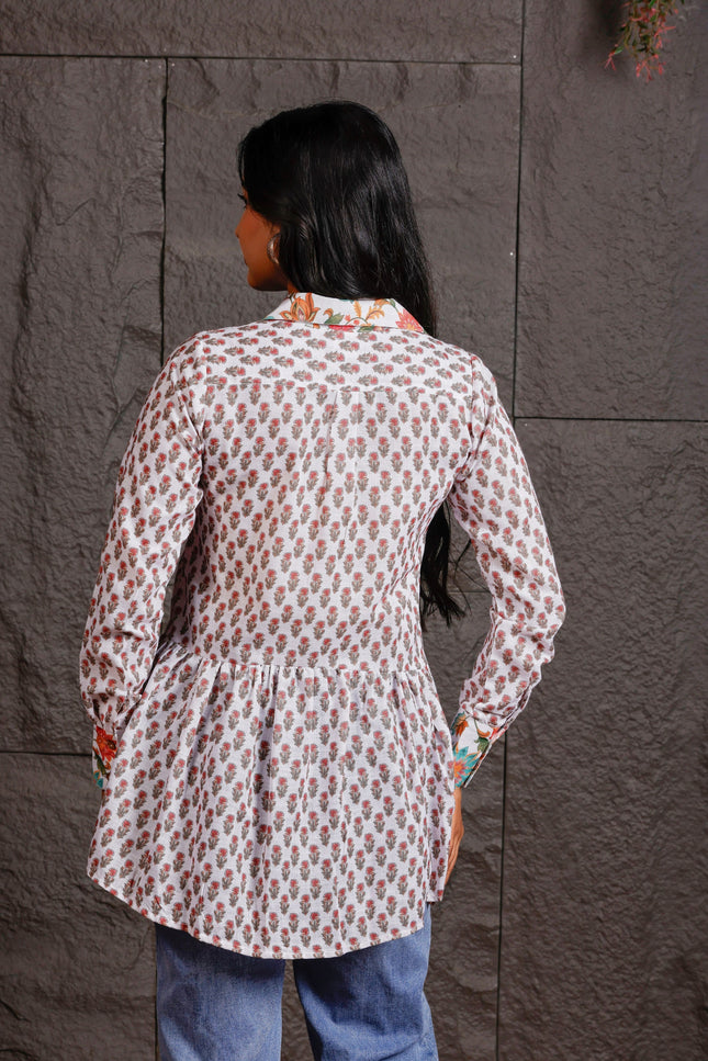 White Floral Printed Peplum Shirt with Contrast Collar