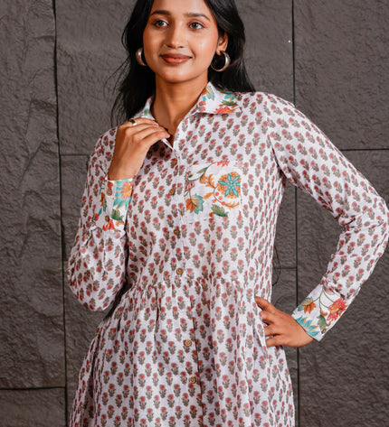 White Floral Printed Peplum Shirt with Contrast Collar