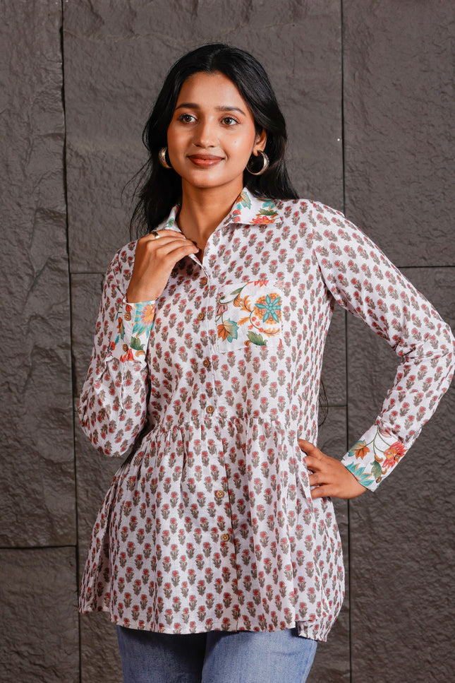White Floral Printed Peplum Shirt with Contrast Collar