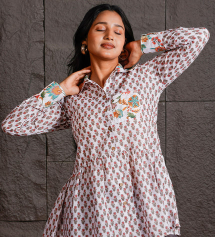White Floral Printed Peplum Shirt with Contrast Collar