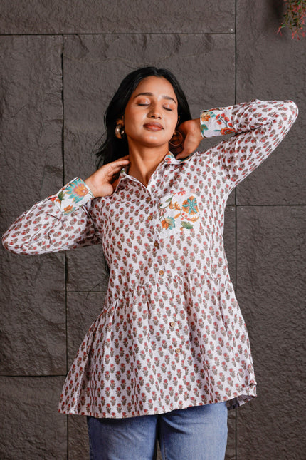 White Floral Printed Peplum Shirt with Contrast Collar