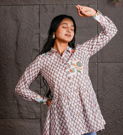 White Floral Printed Peplum Shirt with Contrast Collar