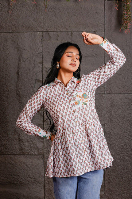 White Floral Printed Peplum Shirt with Contrast Collar