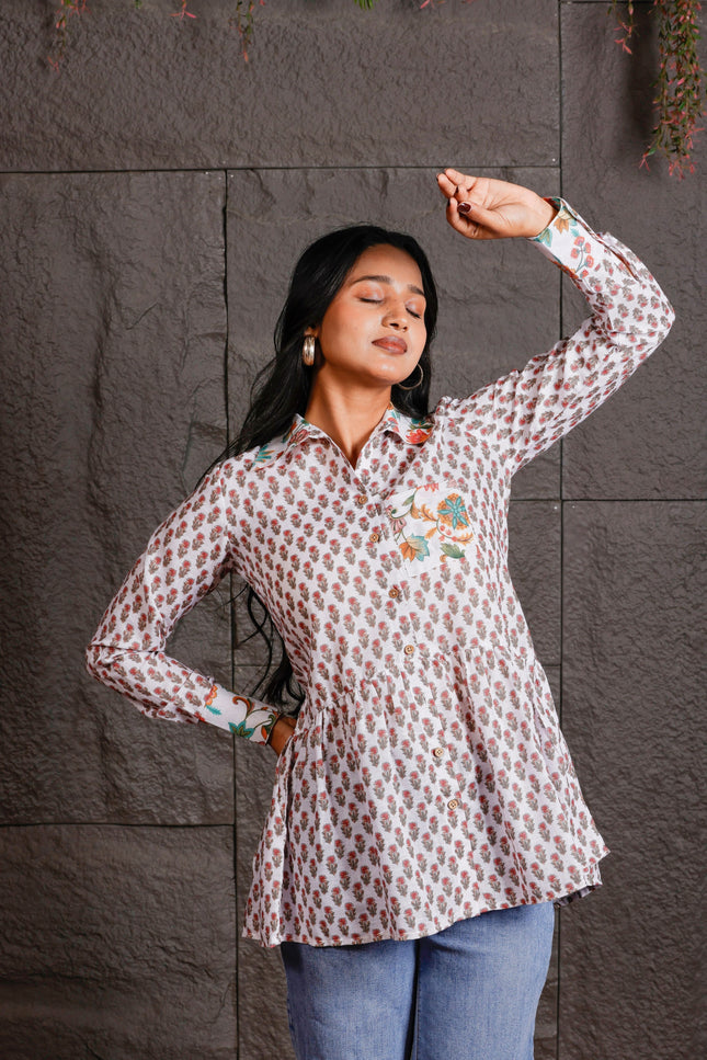 White Floral Printed Peplum Shirt with Contrast Collar