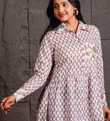 White Floral Printed Peplum Shirt with Contrast Collar