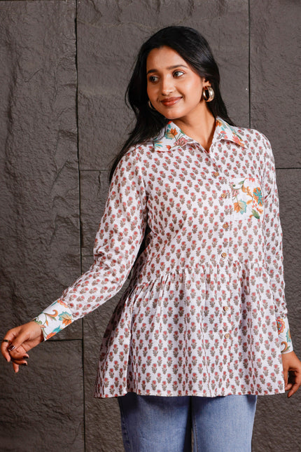 White Floral Printed Peplum Shirt with Contrast Collar