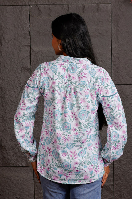 White Floral Printed Polycrepe Shirt
