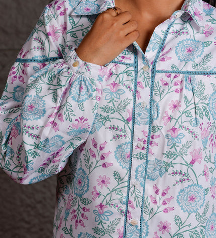 White Floral Printed Polycrepe Shirt