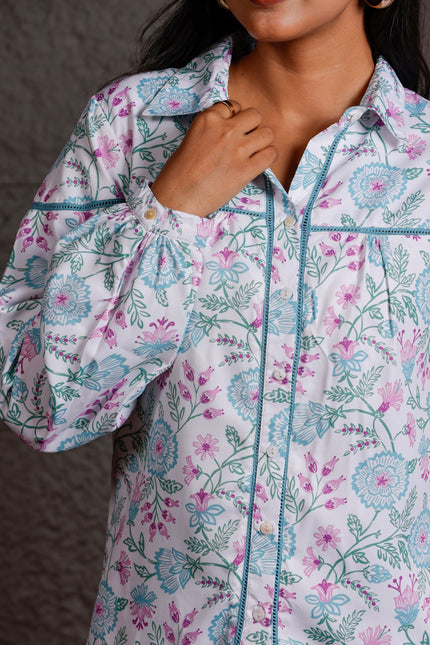White Floral Printed Polycrepe Shirt