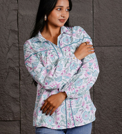 White Floral Printed Polycrepe Shirt