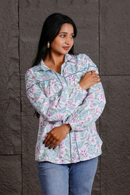 White Floral Printed Polycrepe Shirt