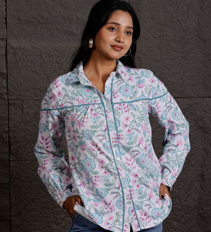 White Floral Printed Polycrepe Shirt