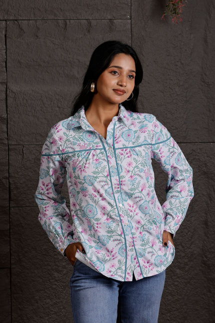 White Floral Printed Polycrepe Shirt