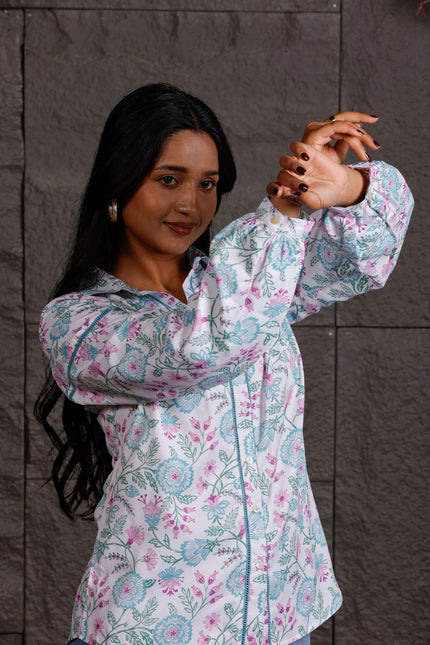 White Floral Printed Polycrepe Shirt