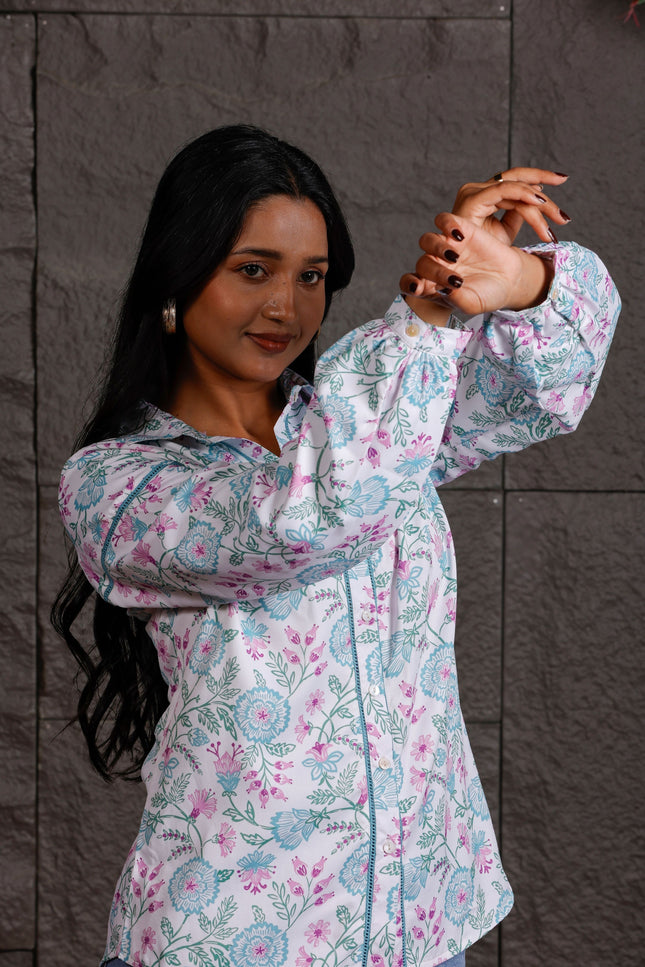 White Floral Printed Polycrepe Shirt