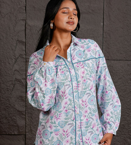 White Floral Printed Polycrepe Shirt