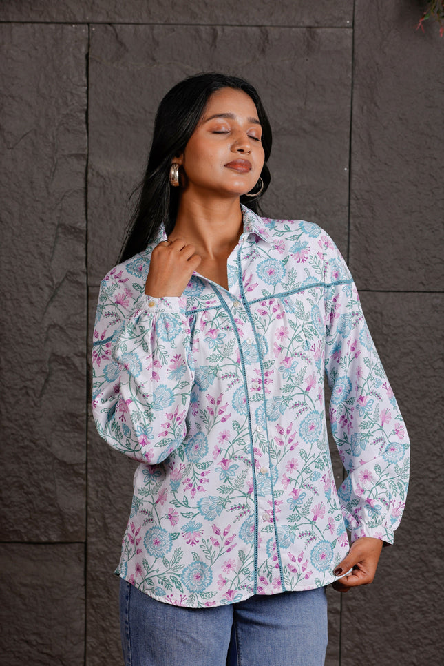 White Floral Printed Polycrepe Shirt