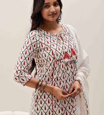 White Printed Kurta with Palazzos With Dupatta