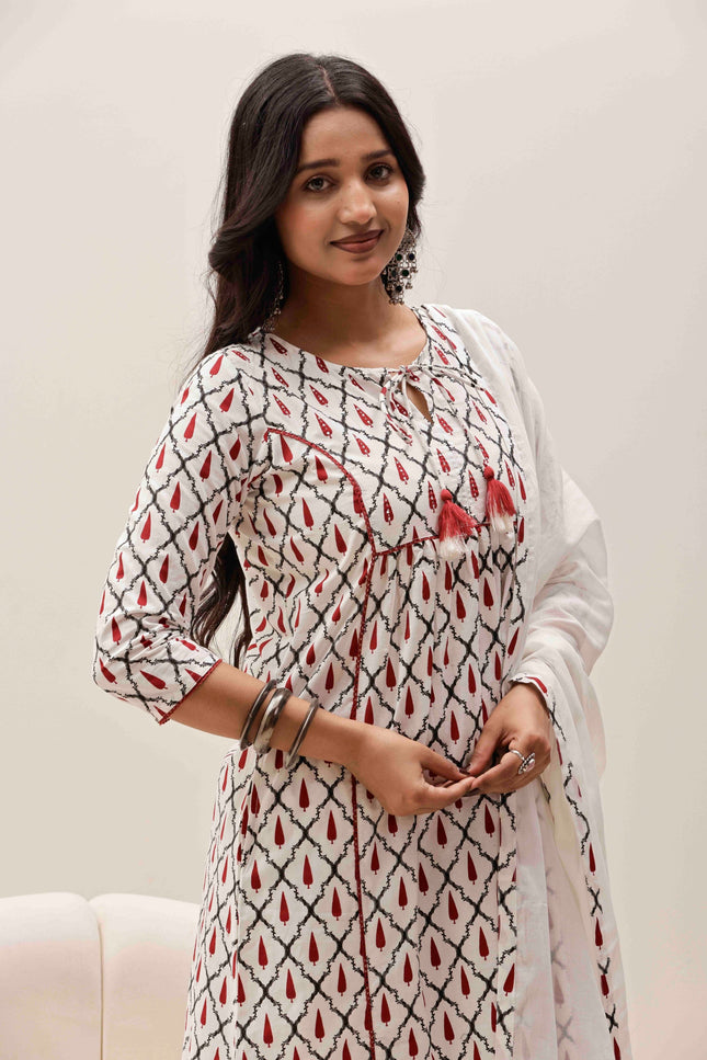 White Printed Kurta with Palazzos With Dupatta