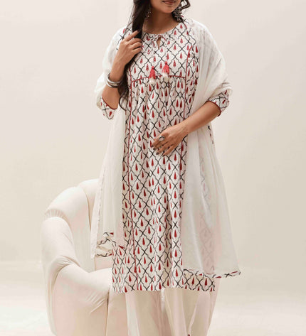 White Printed Kurta with Palazzos With Dupatta