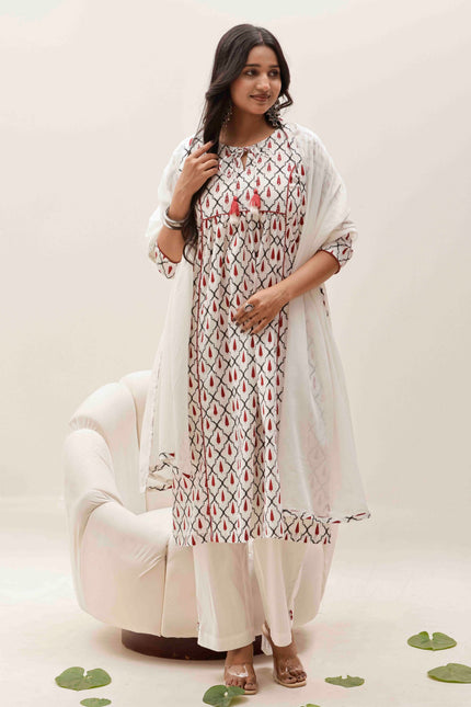 White Printed Kurta with Palazzos With Dupatta