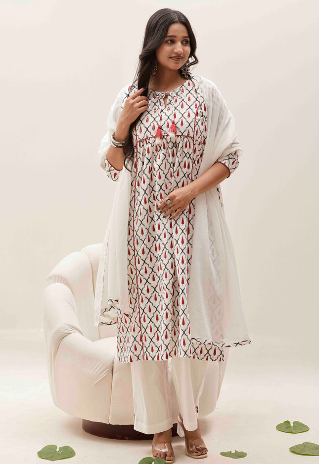 White Printed Kurta with Palazzos With Dupatta