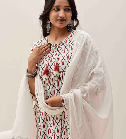 White Printed Kurta with Palazzos With Dupatta