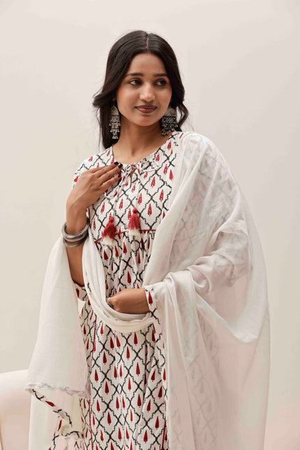 White Printed Kurta with Palazzos With Dupatta