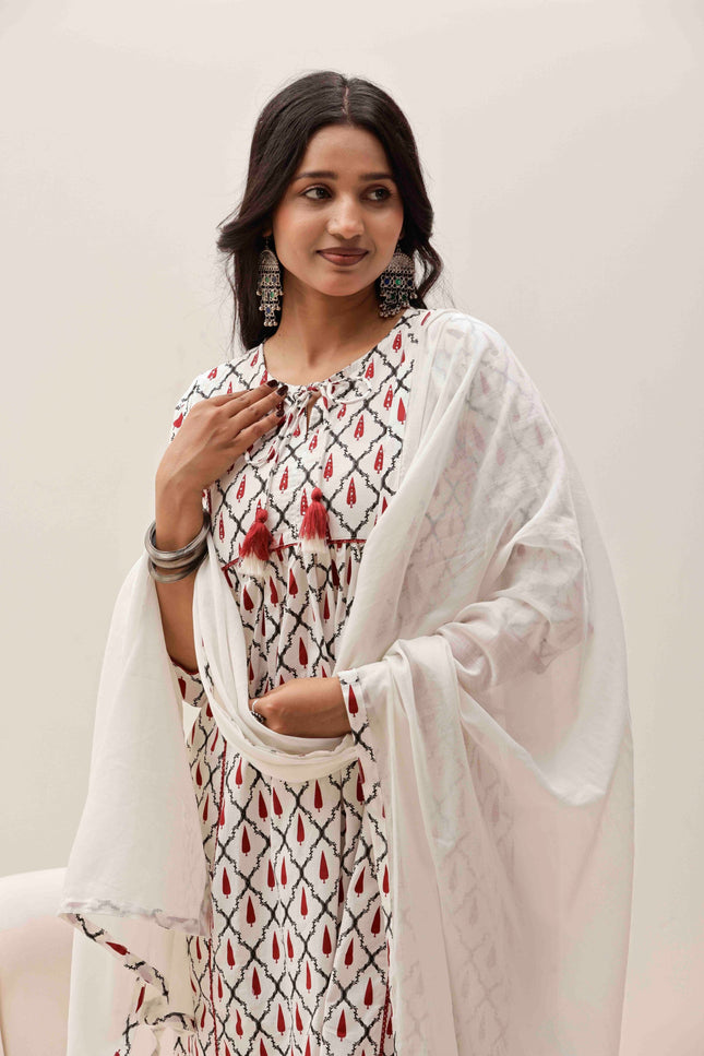White Printed Kurta with Palazzos With Dupatta