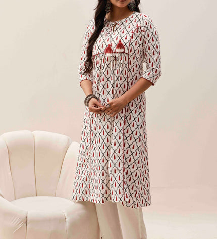 White Printed Kurta with Palazzos With Dupatta