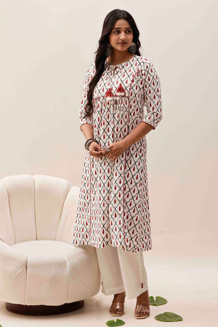 White Printed Kurta with Palazzos With Dupatta