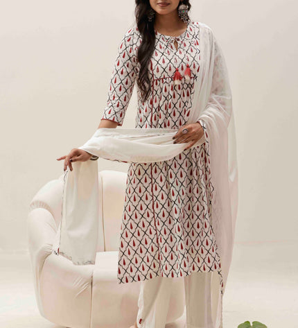 White Printed Kurta with Palazzos With Dupatta