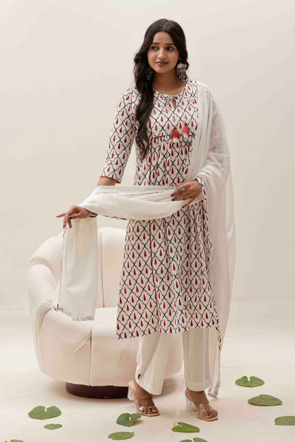 White Printed Kurta with Palazzos With Dupatta