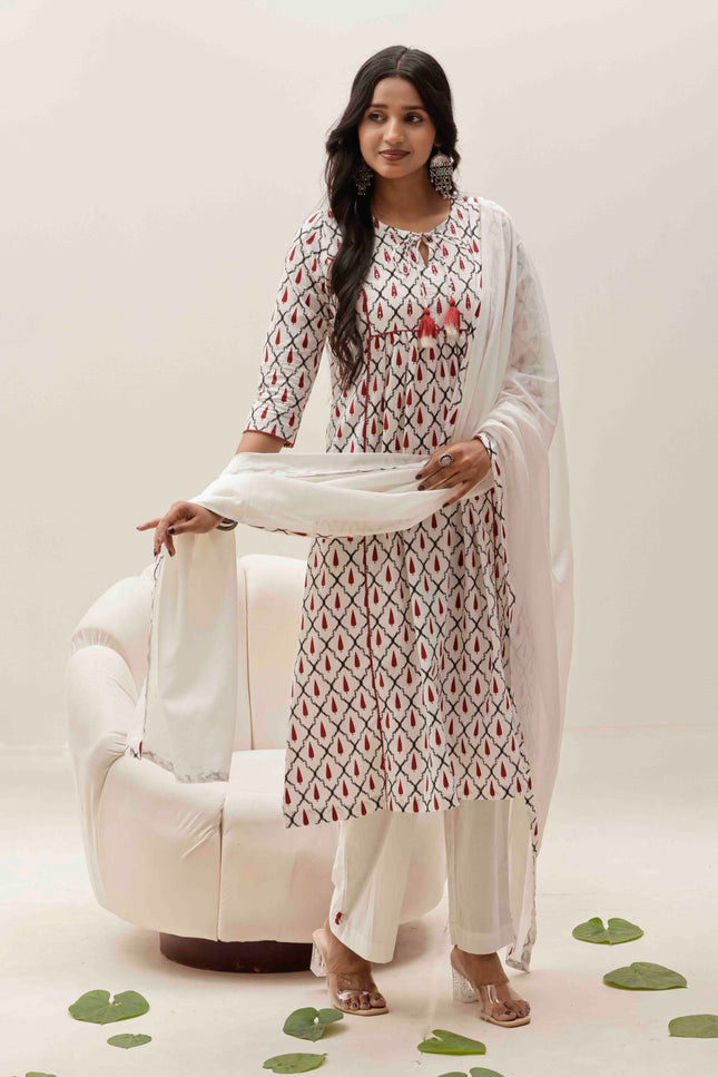 White Printed Kurta with Palazzos With Dupatta