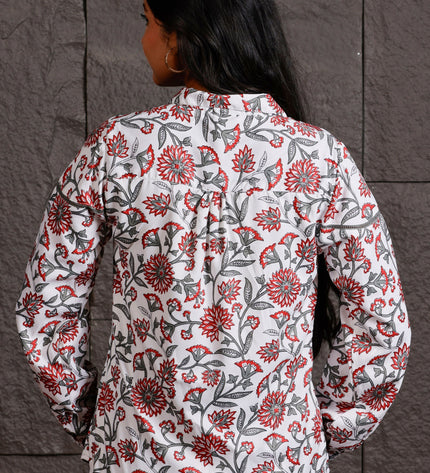 White & Red Floral Printed Polycrepe Shirt