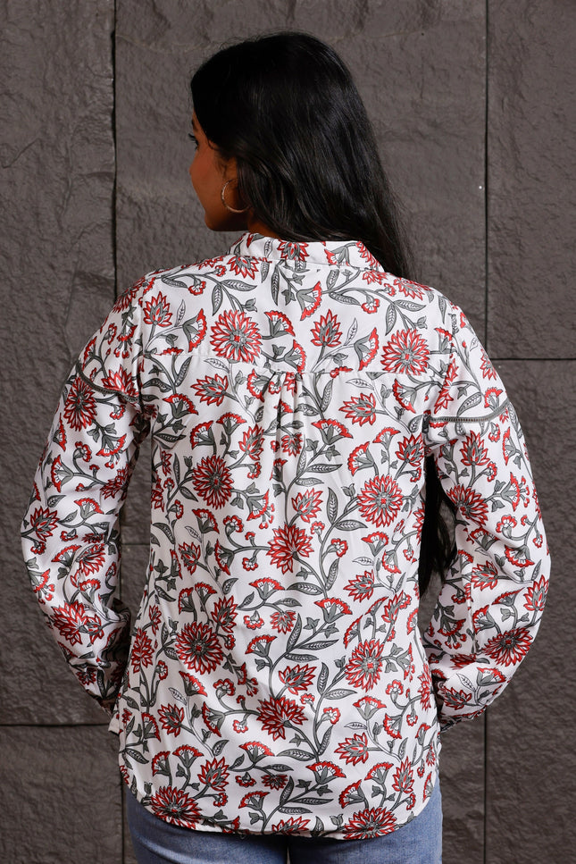 White & Red Floral Printed Polycrepe Shirt