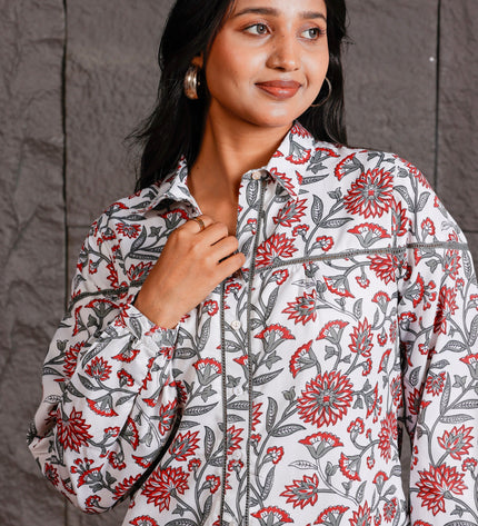 White & Red Floral Printed Polycrepe Shirt