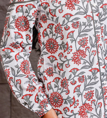 White & Red Floral Printed Polycrepe Shirt
