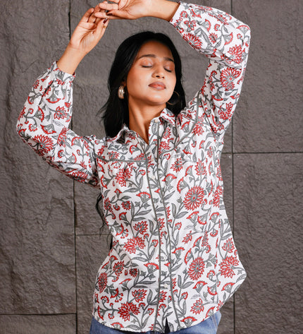 White & Red Floral Printed Polycrepe Shirt